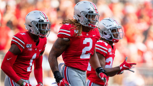 COLUMBUS, OH - SEPTEMBER 21: Chase Young #2 of the Ohio State Buckeyes jogs back to the bench with Jeff Okudah #1 of the Ohio State Buckeyes during game action between the Ohio State Buckeyes and the Miami Redhawks on September 21, 2019, at Ohio Stadium in Columbus, OH.