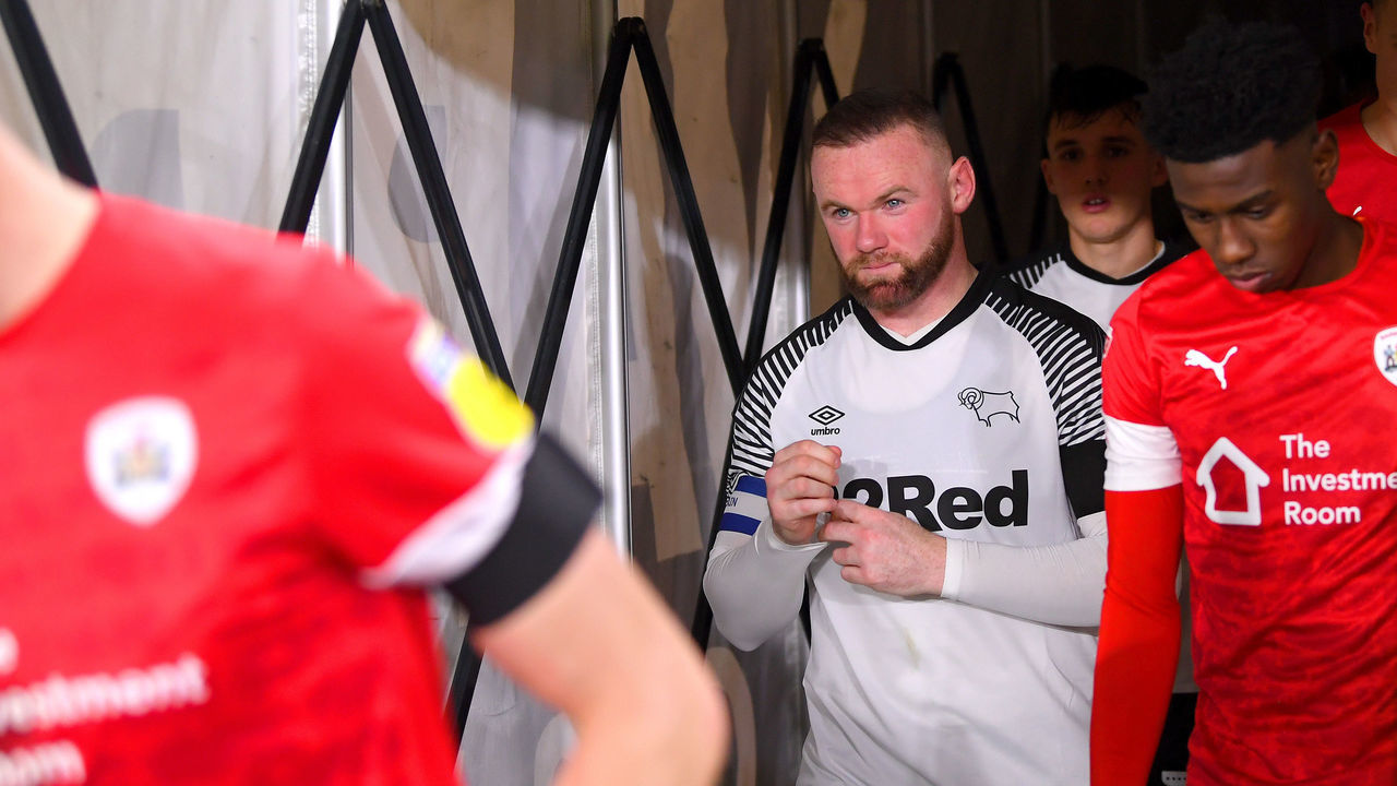 DERBY, ENGLAND - JANUARY 02: Wayne Rooney of Derby County walks out for the second half during the Sky Bet Championship match between Derby County and Barnsley at Pride Park Stadium on January 02, 2020 in Derby, England.
