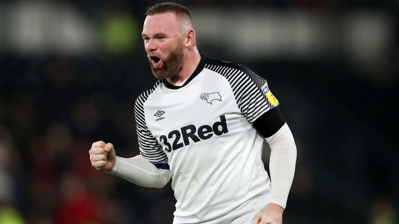DERBY, ENGLAND - JANUARY 02: Wayne Rooney of Derby County celebrates his assist of the opening goal during the Sky Bet Championship match between Derby County and Barnsley at Pride Park Stadium on January 2, 2020 in Derby, England.