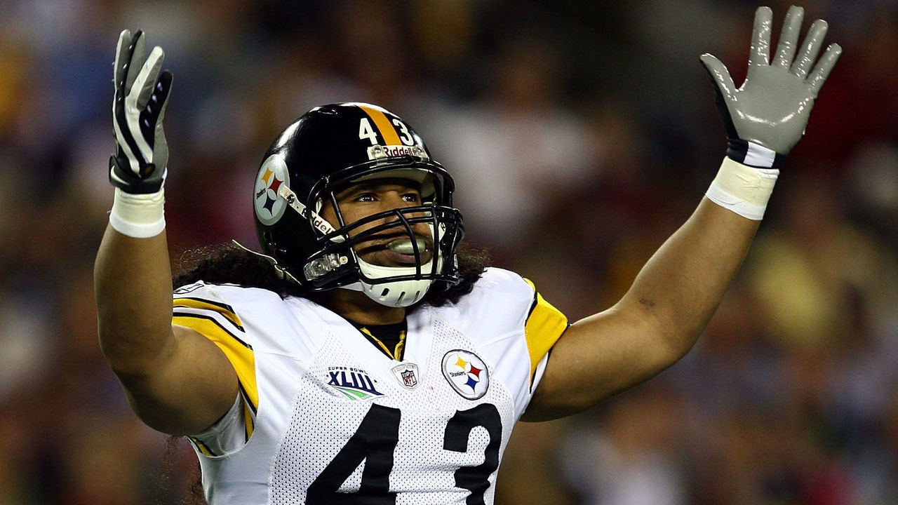 TAMPA, FL - FEBRUARY 01: Troy Polamalu #43 of the Pittsburgh Steelers gestures on the field against the Arizona Cardinals during Super Bowl XLIII on February 1, 2009 at Raymond James Stadium in Tampa, Florida.