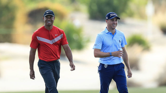 NASSAU, BAHAMAS - DECEMBER 07: Tiger Woods of the United States walks to his second shot on the third hole with his playing partner Justin Thomas of the United States during the final round of the 2019 Hero World Challenge at Albany on December 07, 2019 in Nassau, Bahamas.