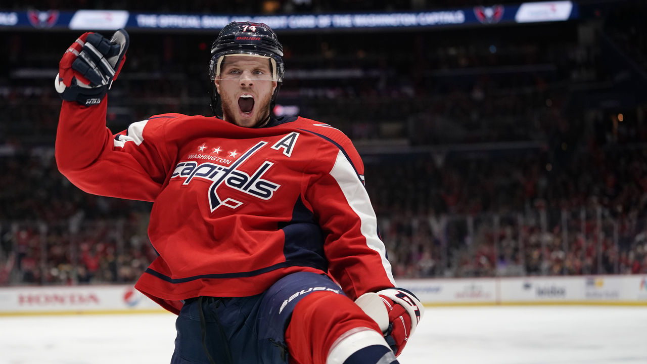 WASHINGTON, DC - DECEMBER 11: John Carlson #74 of the Washington Capitals celebrates after scoring a goal in the third period against the Boston Bruins at Capital One Arena on December 11, 2019 in Washington, DC.