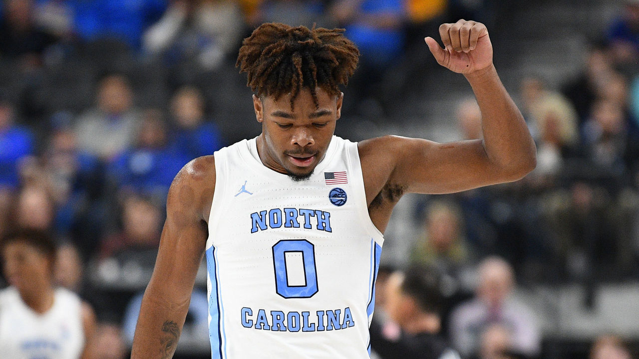 LAS VEGAS, NV - DECEMBER 21: University of North Carolina Tar Heels guard Anthony Harris (0) celebrates a basket during the CBS Sports Classic between the UCLA Bruins and the North Carolina Tar Heels on December 21, 2019, at the T-Mobile Arena in Las Vegas, NV.