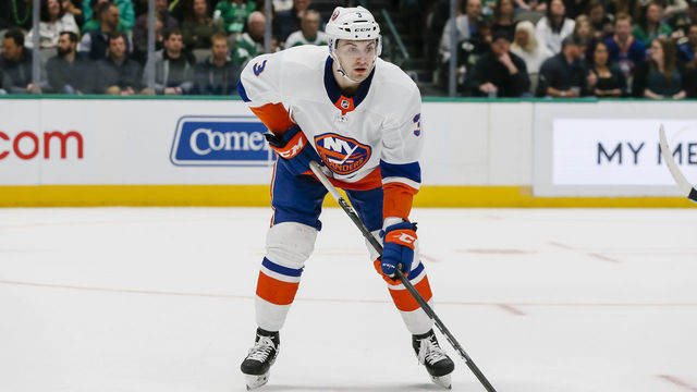 DALLAS, TX - DECEMBER 07: New York Islanders defenseman Adam Pelech (3) waits for the puck to drop during the game between the Dallas Stars and the New York Islanders on December 07, 2019 at American Airlines Center in Dallas, Texas.