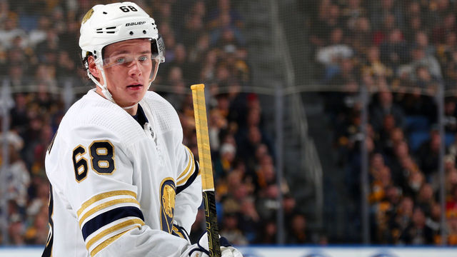 BUFFALO, NY - DECEMBER 27: Victor Olofsson #68 of the Buffalo Sabres takes a break in the action during an NHL game against the Boston Bruins on December 27, 2019 at KeyBank Center in Buffalo, New York. Boston won, 3-0.