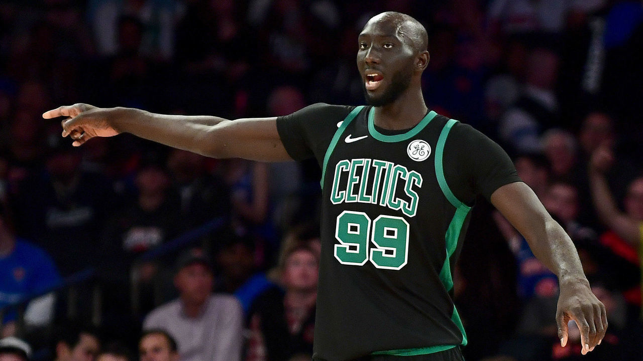 NEW YORK, NEW YORK - OCTOBER 26: Tacko Fall #99 of the Boston Celtics communicates during the second half of their game against the New York Knicks at Madison Square Garden on October 26, 2019 in New York City.