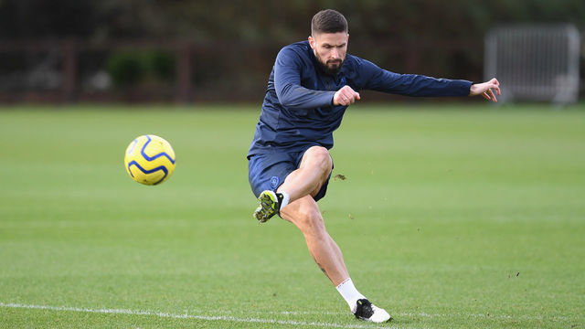 COBHAM, ENGLAND - DECEMBER 20: Olivier Giroud of Chelsea during a training session at Chelsea Training Ground on December 20, 2019 in Cobham, United Kingdom.