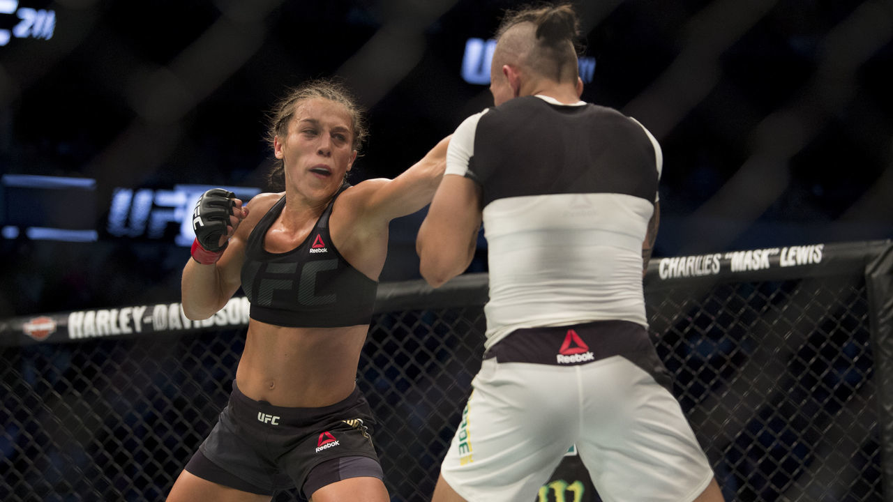 DALLAS, TX - MAY 13: Joanna Jedrzejczyk throws a punch against Jessica Andrade during UFC 211 at the American Airlines Center on May 13, 2017 in Dallas, Texas.