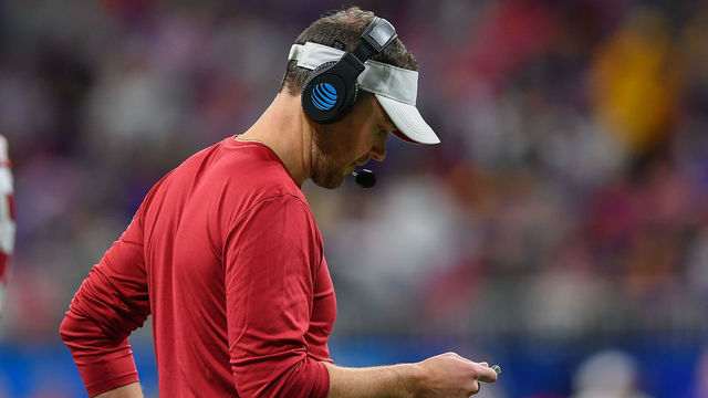 ATLANTA, GA - DECEMBER 28: Oklahoma head coach Lincoln Riley on the sideline during the College Football Playoff Semifinal game between the LSU Tigers and the Oklahoma Sooners on December 28th, 2019 at the Chick-fil-A Peach Bowl in Mercedes-Benz Stadium in Atlanta, GA.