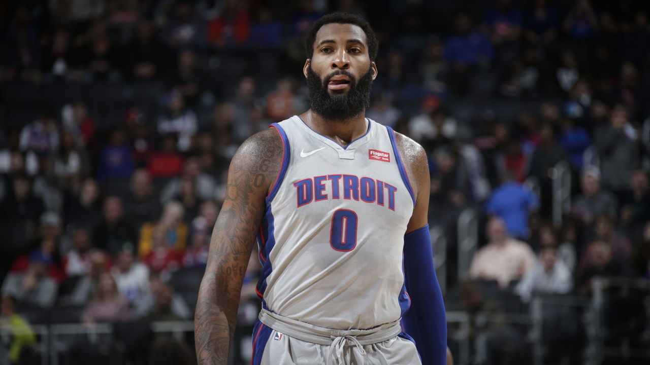 DETROIT, MI - DECEMBER 23: Andre Drummond #0 of the Detroit Pistons looks on during a game against the Philadelphia 76ers on December 23, 2019 at Little Caesars Arena in Detroit, Michigan. NOTE TO USER: User expressly acknowledges and agrees that, by downloading and/or using this photograph, User is consenting to the terms and conditions of the Getty Images License Agreement. Mandatory Copyright Notice: Copyright 2019 NBAE