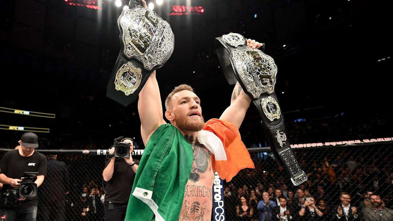 NEW YORK, NY - NOVEMBER 12: Conor McGregor of Ireland celebrates his KO victory over Eddie Alvarez of the United States in their lightweight championship bout during the UFC 205 event at Madison Square Garden on November 12, 2016 in New York City.