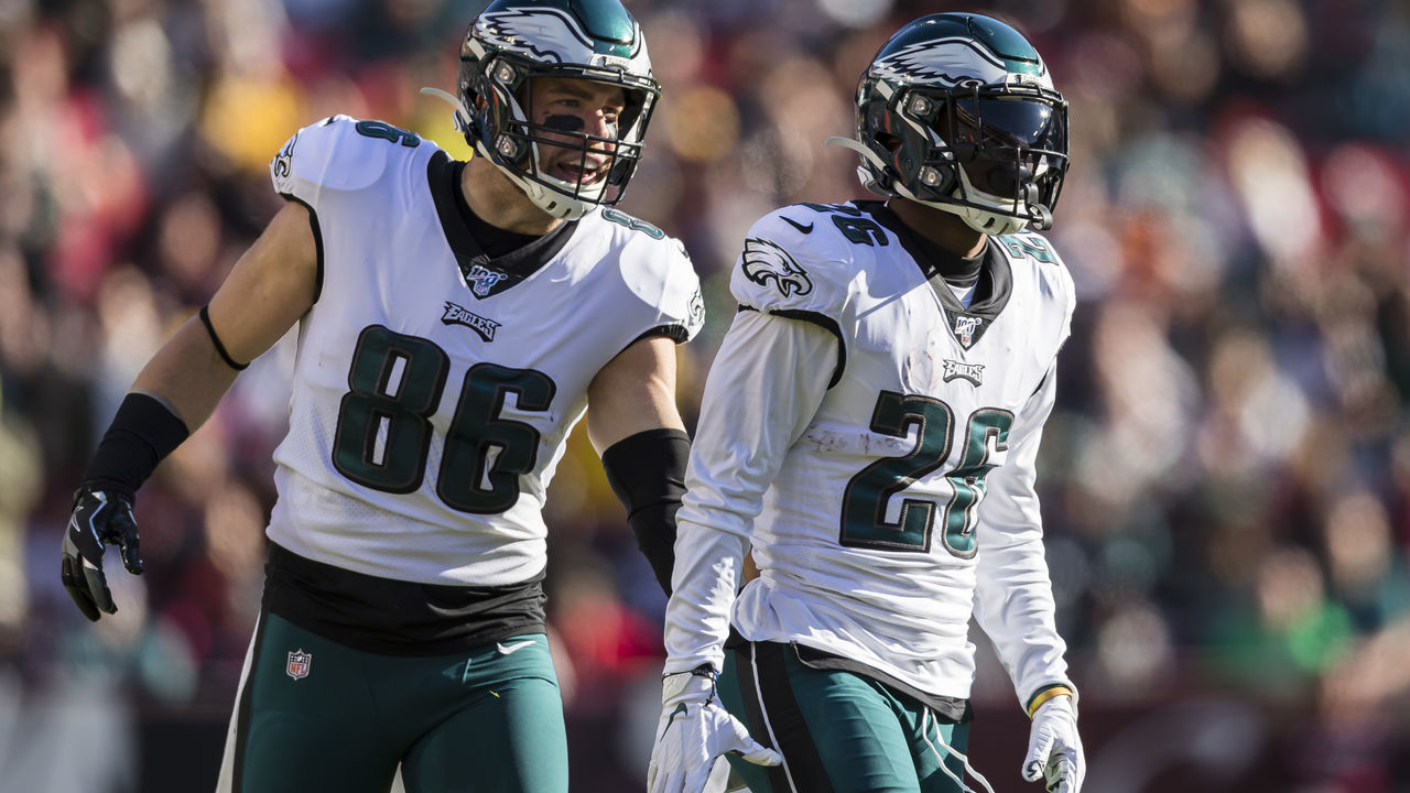 LANDOVER, MD - DECEMBER 15: Zach Ertz #86 of the Philadelphia Eagles celebrates with Miles Sanders #26 after a play against the Washington Redskins during the first half at FedExField on December 15, 2019 in Landover, Maryland.