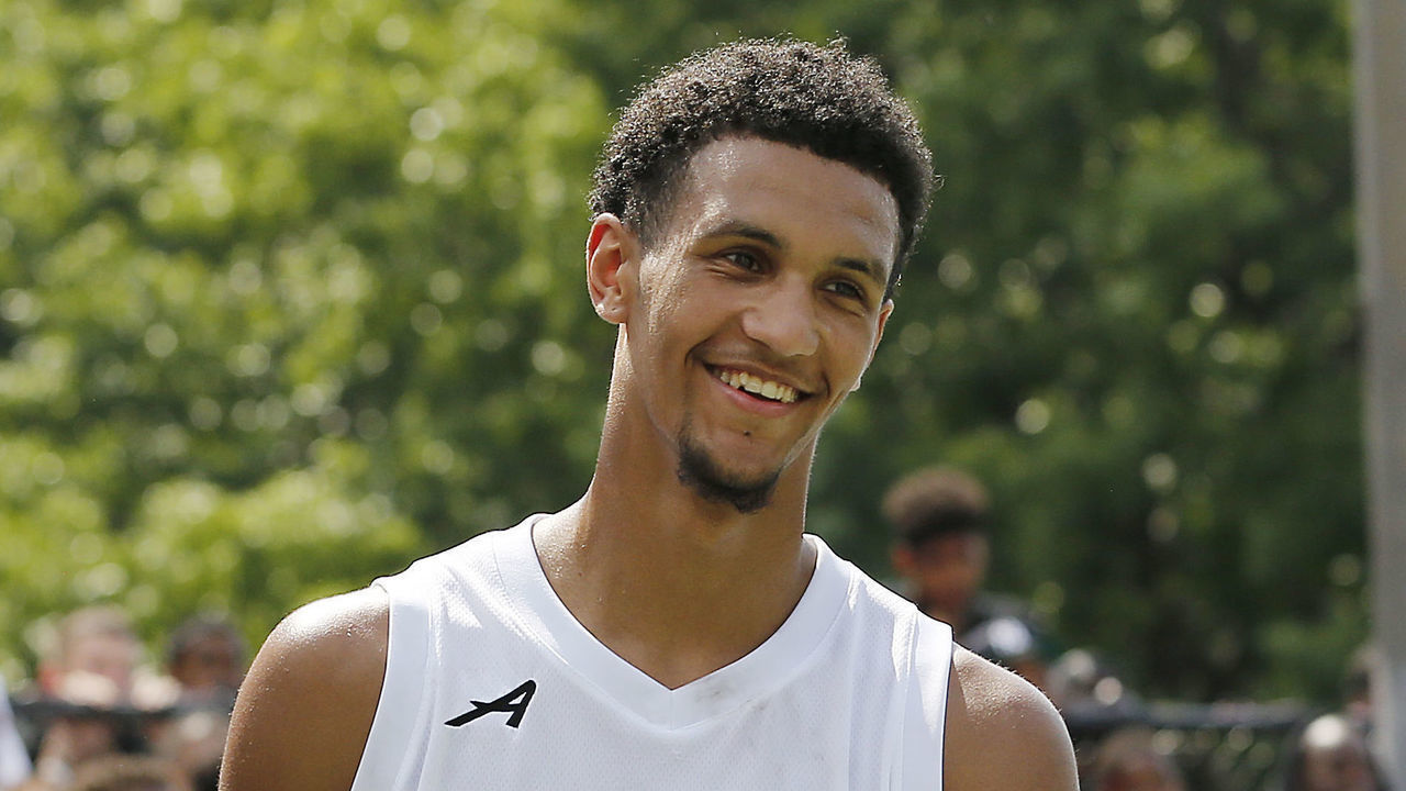 NEW YORK, NEW YORK - AUGUST 18: Jalen Suggs #23 of Team Jimma looks on during the SLAM Summer Classic 2019 at Dyckman Park on August 18, 2019 in New York City.