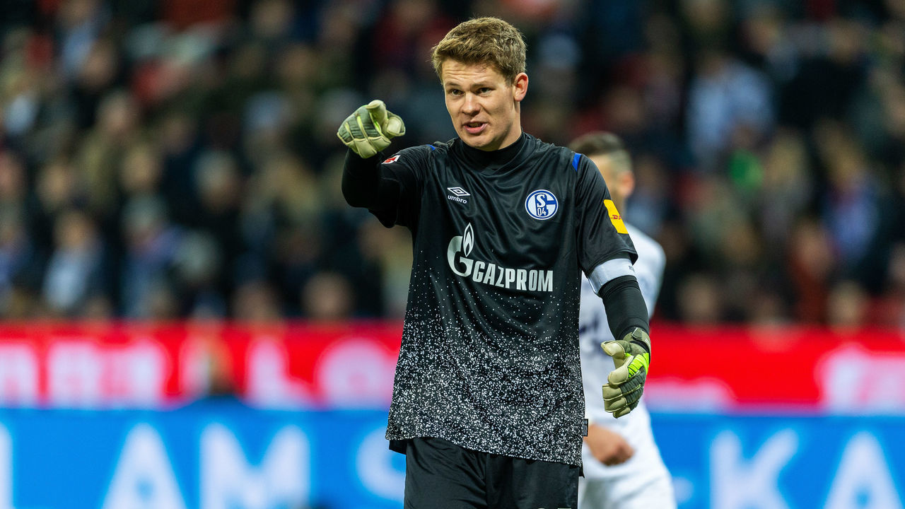 LEVERKUSEN, GERMANY - DECEMBER 07: Alexander Nuebel of FC Schalke 04 gestures during the Bundesliga match between Bayer 04 Leverkusen and FC Schalke 04 at BayArena on December 7, 2019 in Leverkusen, Germany.