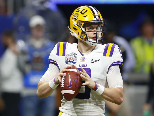 ATLANTA, GEORGIA - DECEMBER 28: Quarterback Joe Burrow #9 of the LSU Tigers drops back during the College Football Playoff Semifinal at the Chick-fil-A Peach Bowl against the Oklahoma Sooners at Mercedes-Benz Stadium on December 28, 2019 in Atlanta, Georgia.