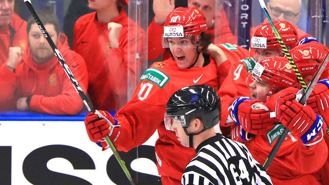 OSTRAVA, CZECH REPUBLIC - JANUARY 4, 2020: Russia's players celebrate scoring in the 2020 World Junior Ice Hockey Championship semifinal match against Sweden at Ostravar Arena. Peter Kovalev/TASS