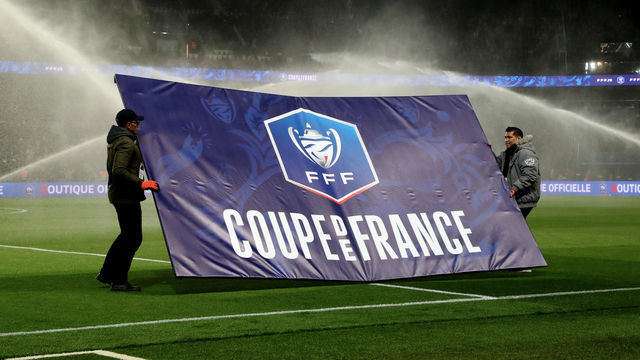 PARIS, FRANCE - APRIL 03: illustration flag French Cup before the French Cup - Semi Final match between Paris Saint-Germain (PSG) and FC Nantes at Parc des Princes on April 3, 2019 in Paris, France.
