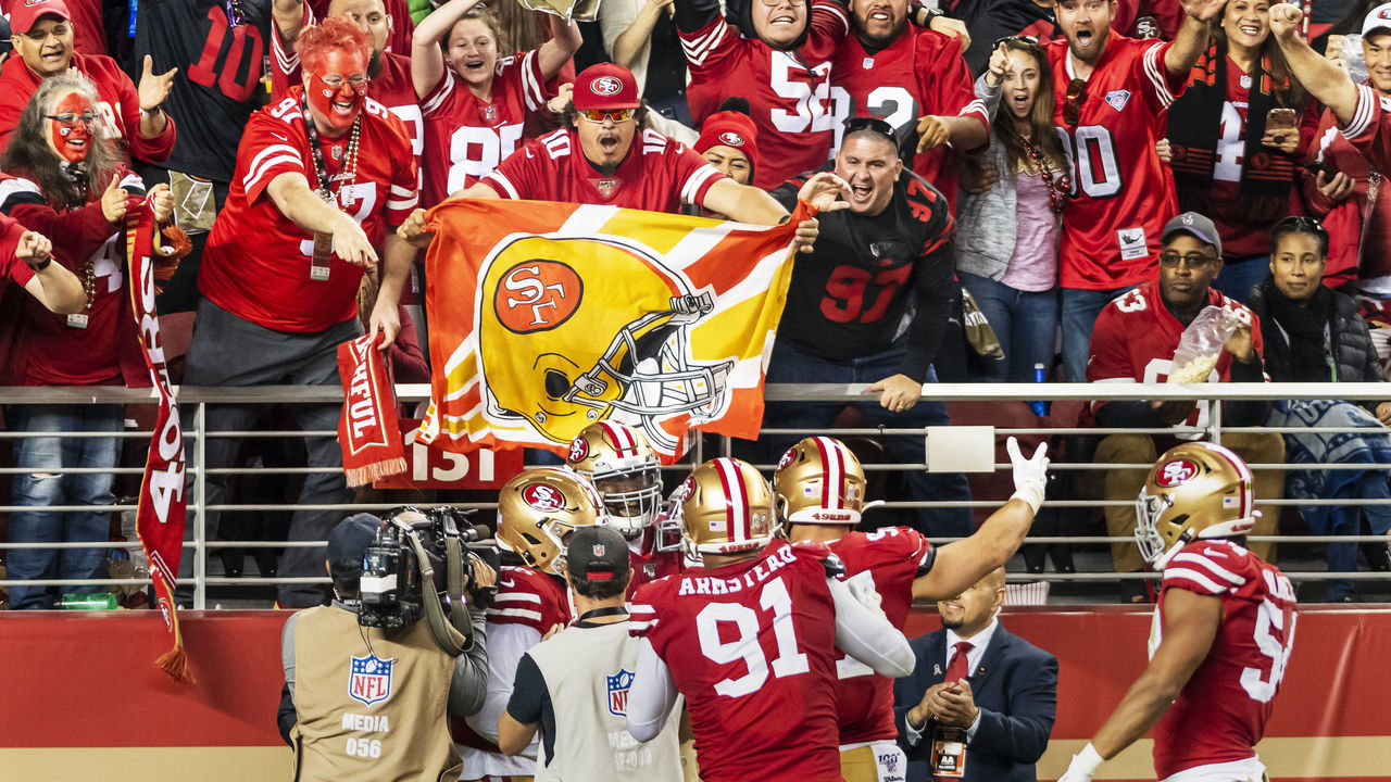 SANTA CLARA, CA - NOVEMBER 11: San Francisco 49ers defensive tackle DeForest Buckner (99) revels in the fan and teammate celebration for his loose ball pickup and run in for the score during the game between the Seattle Seahawks and the San Francisco 49ers on Monday, November 11, 2019 at Levi's Stadium in Santa Clara, California.