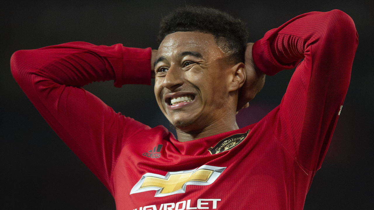 MANCHESTER, ENGLAND - SEPTEMBER 25: Jesse Lingard of Manchester United despairs after missing a chance during the Carabao Cup Third Round match between Manchester United and Rochdale at Old Trafford on September 25, 2019 in Manchester, England.
