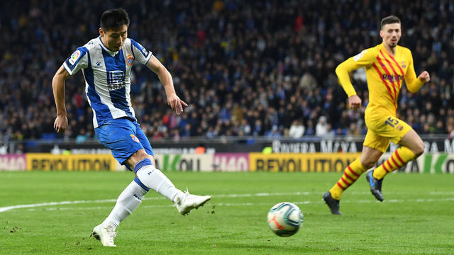 BARCELONA, SPAIN - JANUARY 04: Wu Lei of Espanyol scores his team's second goal during the La Liga match between RCD Espanyol and FC Barcelona at RCDE Stadium on January 04, 2020 in Barcelona, Spain.