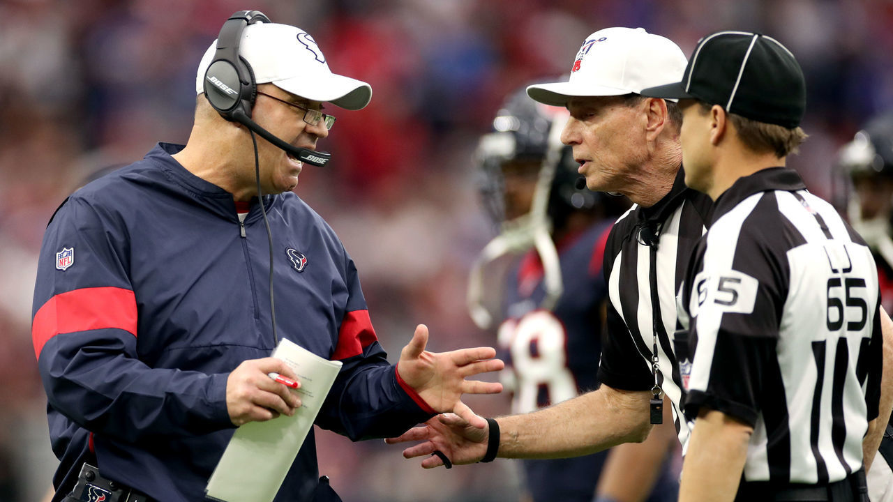 HOUSTON, TEXAS - JANUARY 04: Head coach Bill O'Brien of the Houston Texans argues a call with the officials during the first quarter against the Buffalo Bills of the AFC Wild Card Playoff game at NRG Stadium on January 04, 2020 in Houston, Texas.