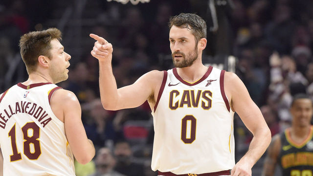 CLEVELAND, OHIO - DECEMBER 23: Kevin Love #0 of the Cleveland Cavaliers celebrates after scoring during the first half against the Atlanta Hawks at Rocket Mortgage Fieldhouse on December 23, 2019 in Cleveland, Ohio. NOTE TO USER: User expressly acknowledges and agrees that, by downloading and/or using this photograph, user is consenting to the terms and conditions of the Getty Images License Agreement.