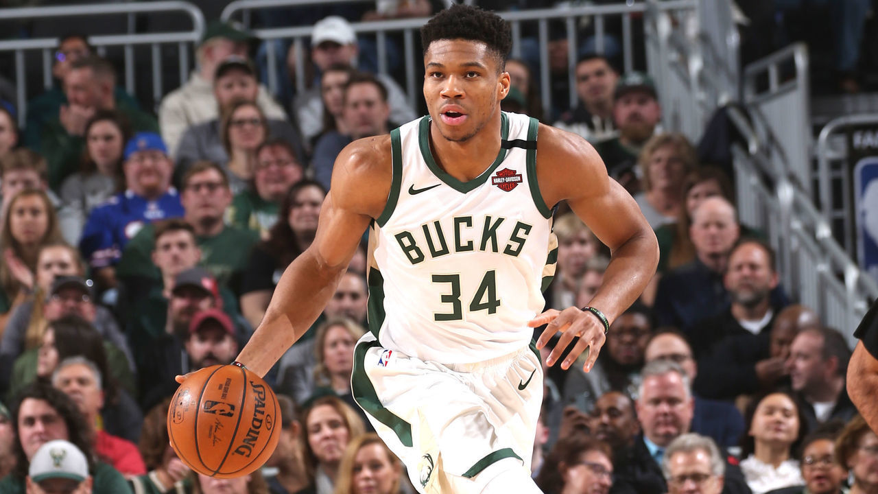 MILWAUKEE, WI - JANUARY 4: Giannis Antetokounmpo #34 of the Milwaukee Bucks handles the ball during a game against the San Antonio Spurs on January 4, 2020 at the Fiserv Forum Center in Milwaukee, Wisconsin. Mandatory Copyright Notice: Copyright 2020 NBAE .