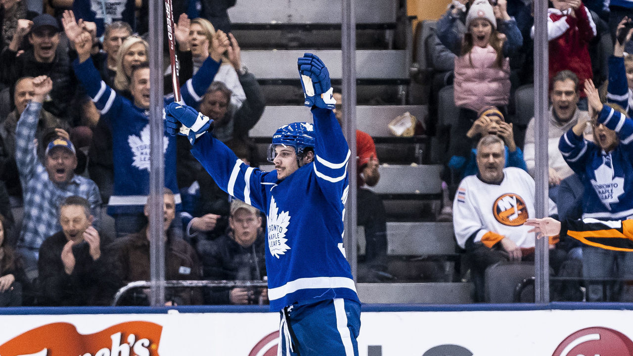 TORONTO, ON - JANUARY 4: Auston Matthews #34 of the Toronto Maple Leafs celebrates his goal against the New York Islanders during the second period at the Scotiabank Arena on January 4, 2020 in Toronto, Ontario, Canada.
