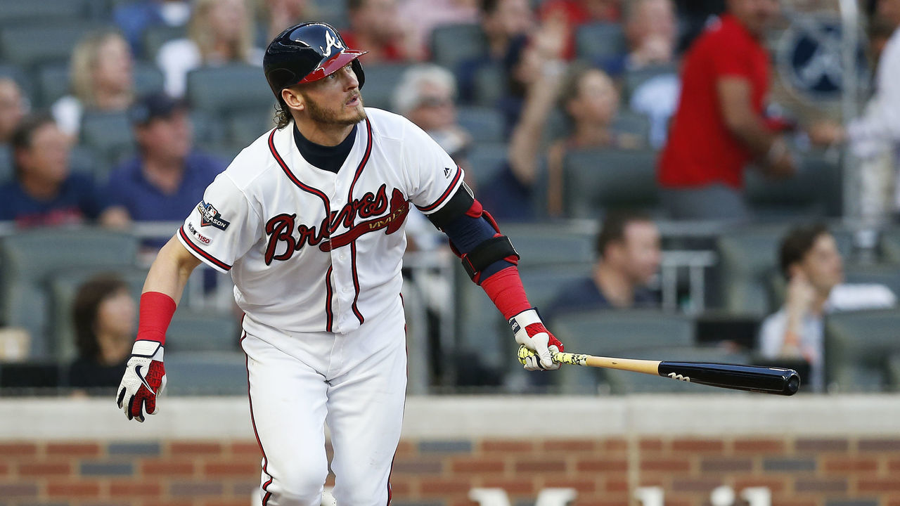 ATLANTA, GA - OCTOBER 09: Josh Donaldson #20 of the Atlanta Braves hits a solo home run in the fourth inning during Game 5 of the NLDS between the St. Louis Cardinals and the Atlanta Braves at SunTrust Park on Wednesday, October 9, 2019 in Atlanta, Georgia.
