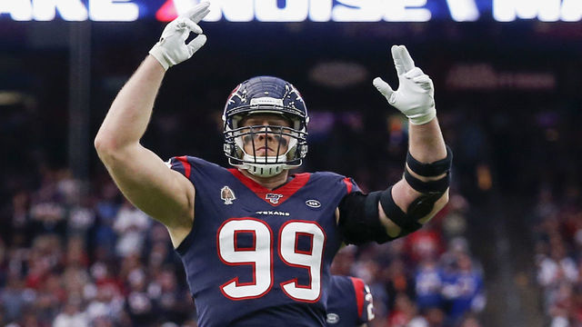 HOUSTON, TEXAS - JANUARY 04: J.J. Watt #99 of the Houston Texans pumps up the fans against the Buffalo Bills during the first quarter of the AFC Wild Card Playoff game at NRG Stadium on January 04, 2020 in Houston, Texas.