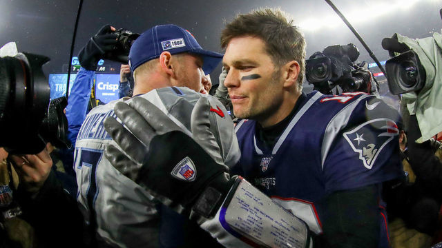 FOXBOROUGH, MASSACHUSETTS - JANUARY 04: Ryan Tannehill #17 of the Tennessee Titans is congratulated by Tom Brady #12 of the New England Patriots after their 20-13 win in the AFC Wild Card Playoff game at Gillette Stadium on January 04, 2020 in Foxborough, Massachusetts.