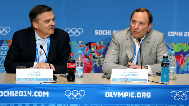 SOCHI, RUSSIA - FEBRUARY 18: (L-R) International Ice Hockey Federation President Rene Fasel and National Hockey League Commissioner Gary Bettman speak during a press conference on day eleven of the Sochi 2014 Winter Olympics on February 18, 2014 in Sochi, Russia.