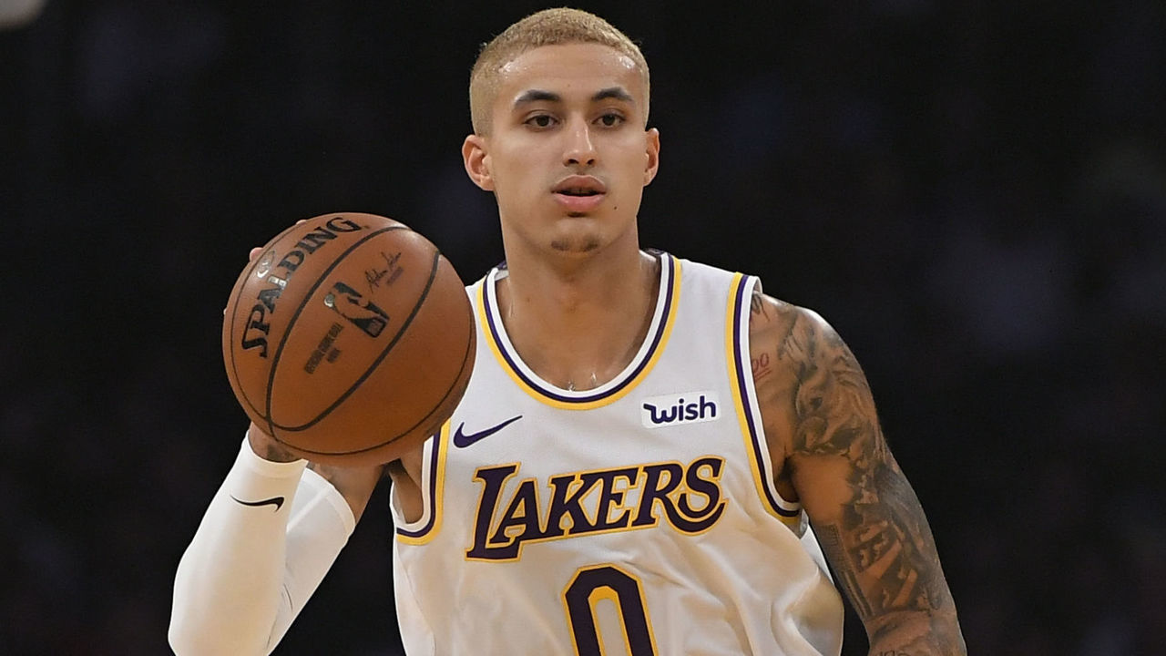 LOS ANGELES, CA - JANUARY 01: Kyle Kuzma #0 of the Los Angeles Lakers with blonde hair against the Phoenix Suns at Staples Center on January 1, 2020 in Los Angeles, California. NOTE TO USER: User expressly acknowledges and agrees that, by downloading and/or using this photograph, user is consenting to the terms and conditions of the Getty Images License Agreement.