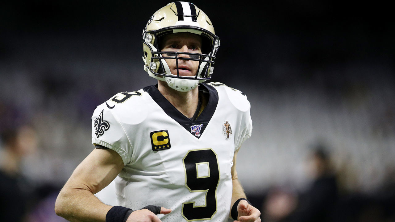 NEW ORLEANS, LOUISIANA - JANUARY 05: Drew Brees #9 of the New Orleans Saints looks on before the NFC Wild Card Playoff game against the Minnesota Vikings at Mercedes Benz Superdome on January 05, 2020 in New Orleans, Louisiana.