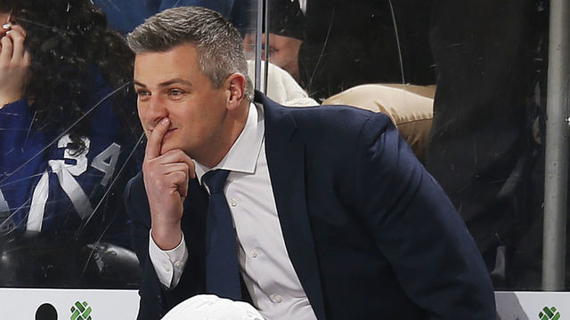 NEWARK, NJ - DECEMBER 27: Head coach Sheldon Keefe of the Toronto Maple Leafs looks on against the New Jersey Devils during the game at the Prudential Center on December 27, 2019 in Newark, New Jersey.