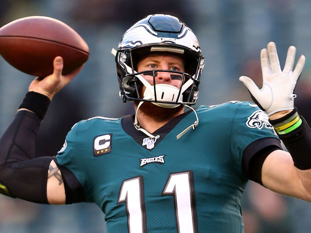 PHILADELPHIA, PENNSYLVANIA - JANUARY 05: Carson Wentz #11 of the Philadelphia Eagles warms up prior to their game against the Seattle Seattle in the NFC Wild Card Playoff at Lincoln Financial Field on January 05, 2020 in Philadelphia, Pennsylvania.