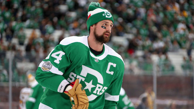DALLAS, TEXAS - JANUARY 01: Jamie Benn #14 of the Dallas Stars warms up on the ice prior to the 2020 NHL Winter Classic between the Nashville Predators and the Dallas Stars at Cotton Bowl on January 01, 2020 in Dallas, Texas.