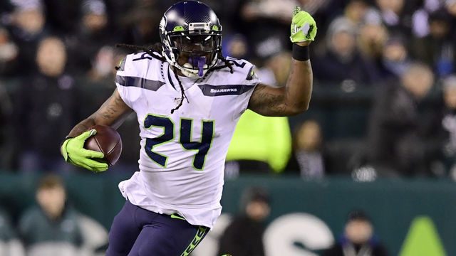 PHILADELPHIA, PENNSYLVANIA - JANUARY 05: Marshawn Lynch #24 of the Seattle Seahawks carries the ball for a first down in the third quarter of the NFC Wild Card Playoff game against the Philadelphia Eagles at Lincoln Financial Field on January 05, 2020 in Philadelphia, Pennsylvania.