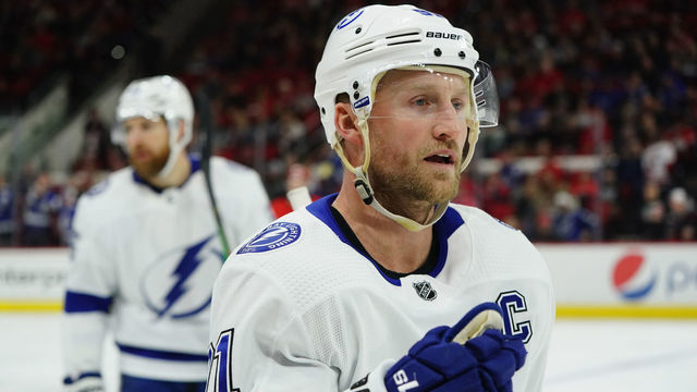 RALEIGH, NC - JANUARY 5: Steven Stamkos #91 of the Tampa Bay Lightning skates back to the bench after scoring a goal during an NHL game against the Carolina Hurricanes on January 5, 2020 at PNC Arena in Raleigh, North Carolina.