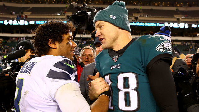 PHILADELPHIA, PENNSYLVANIA - JANUARY 05: Quarterbacks Russell Wilson #3 of the Seattle Seahawks and Josh McCown #18 of the Philadelphia Eagles shake hands after the Seahawks win the NFC Wild Card Playoff game 17-9 at Lincoln Financial Field on January 05, 2020 in Philadelphia, Pennsylvania.