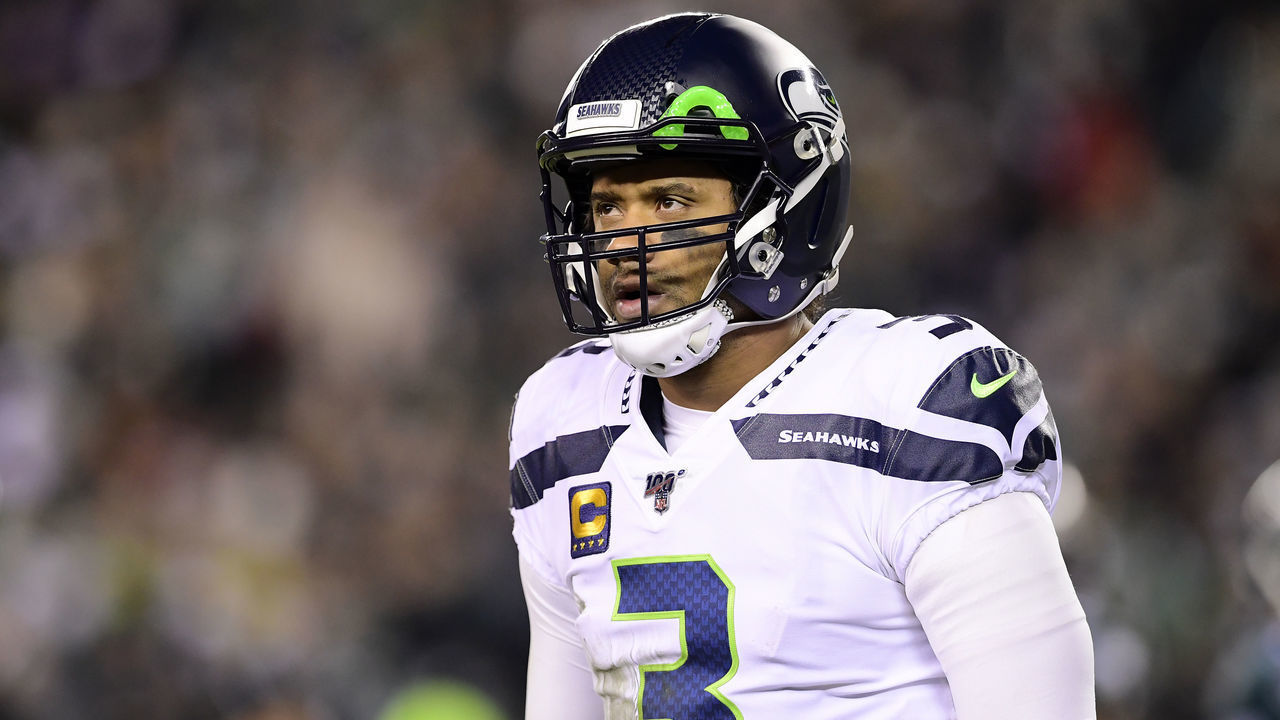 PHILADELPHIA, PENNSYLVANIA - JANUARY 05: Quarterback Russell Wilson #3 of the Seattle Seahawks looks on during the NFC Wild Card Playoff game against the Philadelphia Eagles at Lincoln Financial Field on January 05, 2020 in Philadelphia, Pennsylvania.