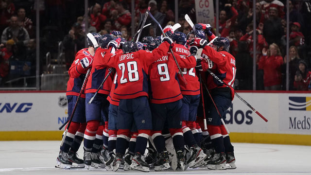 WASHINGTON, DC - JANUARY 05: The Washington Capitals celebrate after defeating the San Jose Sharks 5-4 in overtime at Capital One Arena on January 5, 2020 in Washington, DC.