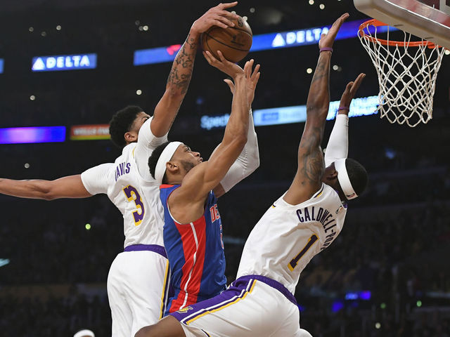 LOS ANGELES, CA - JANUARY 05: Bruce Brown #6 of the Detroit Pistons has a shot blocked by Anthony Davis #3while Kentavious Caldwell-Pope #1 of the Los Angeles Lakers looks on at Staples Center on January 5, 2020 in Los Angeles, California. NOTE TO USER: User expressly acknowledges and agrees that, by downloading and/or using this photograph, user is consenting to the terms and conditions of the Getty Images License Agreement.