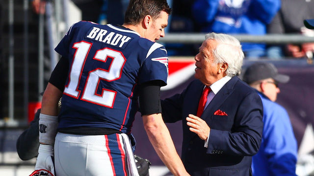 FOXBOROUGH, MA - DECEMBER 29: Tom Brady #12 shakes the hand of owner Robert Kraft of the New England Patriots before a game against the Miami Dolphins at Gillette Stadium on December 29, 2019 in Foxborough, Massachusetts.