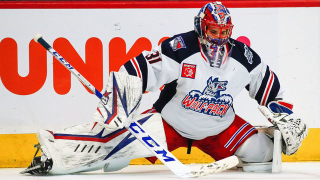 HARTFORD, CT - OCTOBER 18: Hartford Wolfpack goaltender Igor Shesterkin (31) stretches during warmups prior to the Springfield Thunderbirds and Hartford Wolfpack AHL game on October 18, 2019, at XL Center in Hartford, CT.