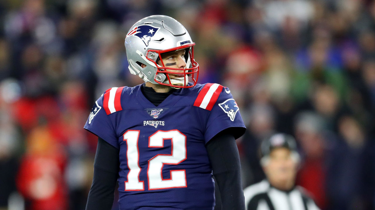 FOXBOROUGH, MASSACHUSETTS - DECEMBER 08: Tom Brady #12 of the New England Patriots looks on during the game against the Kansas City Chiefs at Gillette Stadium on December 08, 2019 in Foxborough, Massachusetts.