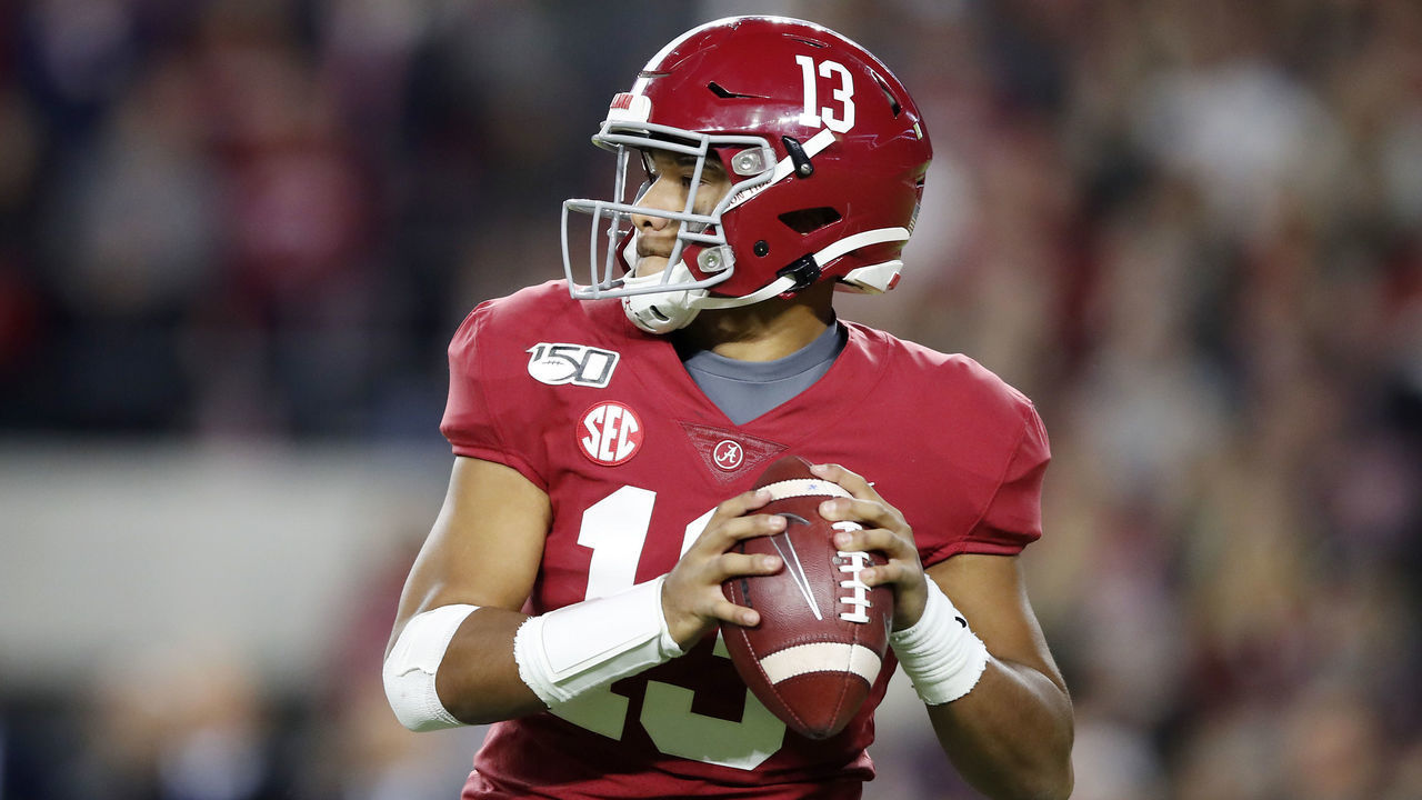 TUSCALOOSA, ALABAMA - NOVEMBER 09: Tua Tagovailoa #13 of the Alabama Crimson Tide looks to pass during the second half against the LSU Tigers in the game at Bryant-Denny Stadium on November 09, 2019 in Tuscaloosa, Alabama.