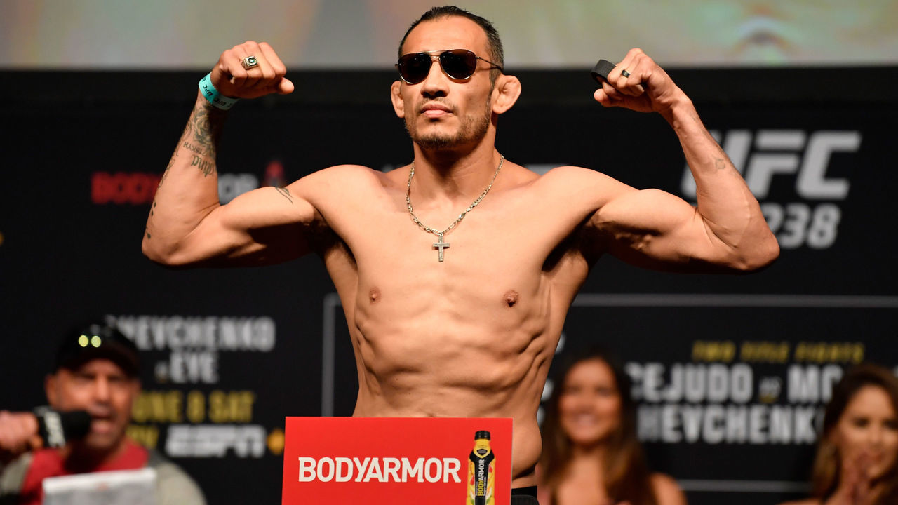 CHICAGO, IL - JUNE 07: Tony Ferguson poses on the scale during the UFC 238 weigh-in at the United Center on June 7, 2019 in Chicago, Illinois.
