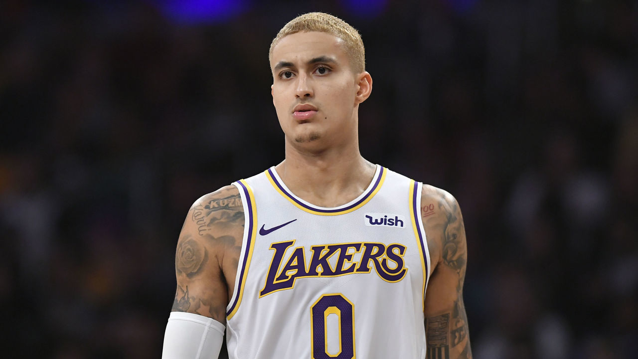 LOS ANGELES, CA - JANUARY 01: Kyle Kuzma #0 of the Los Angeles Lakers dyed his hair blonde before playing the Phoenix Suns at Staples Center on January 1, 2020 in Los Angeles, California. NOTE TO USER: User expressly acknowledges and agrees that, by downloading and/or using this photograph, user is consenting to the terms and conditions of the Getty Images License Agreement. Lakers won 117 to 107.