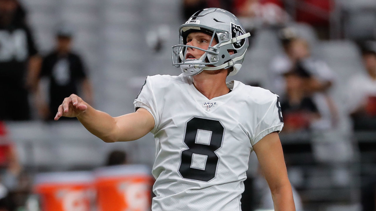GLENDALE, AZ - AUGUST 15: Oakland Raiders kicker Daniel Carlson (8) watches his kick before the NFL preseason football game between the Oakland Raiders and the Arizona Cardinals on August 15, 2019 at State Farm Stadium in Glendale, Arizona.